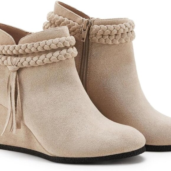 Womens Wedge Ankle Boots Braided Fringe Strap Western Heeled Fall Booties Dress - Picture 1 of 5